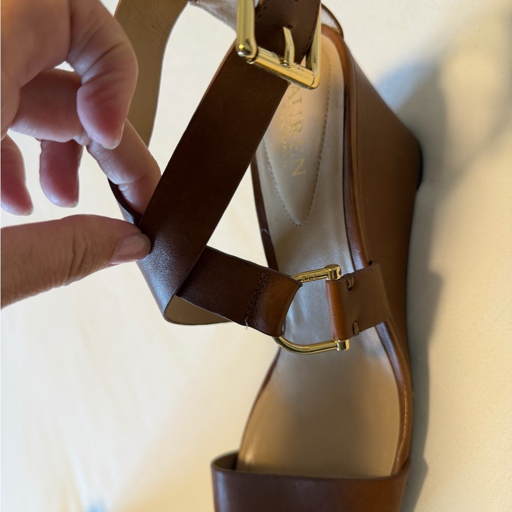 Ralph Lauren Brown Leather Wedge Sandals with Gold Buckles